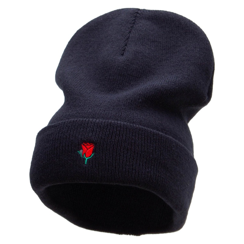 Mini Rose Symbol Embroidered Big Size Acrylic Long Beanies Navy XL-3XL