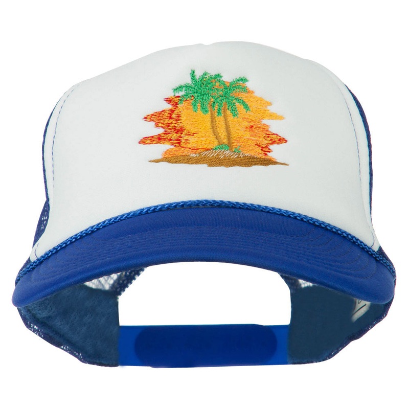 Palm Trees with Sunset Embroidered Foam Front Mesh Back Cap Royal White One Size