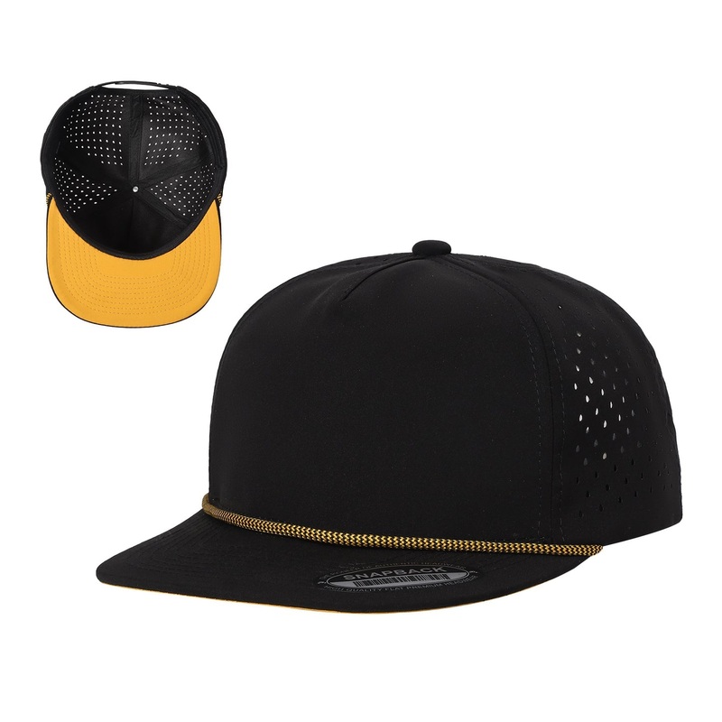 Unbranded 5 Panel Perforated Flat Bill Rope Cap Black/Gold