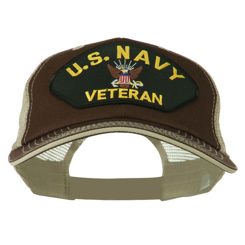 US Navy Veteran Military Patched Big Size Washed Mesh Cap Brown Beige XL-3XL