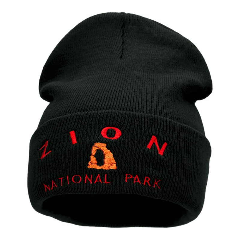 Zion Embroidered Long Knitted Beanie Black One Size