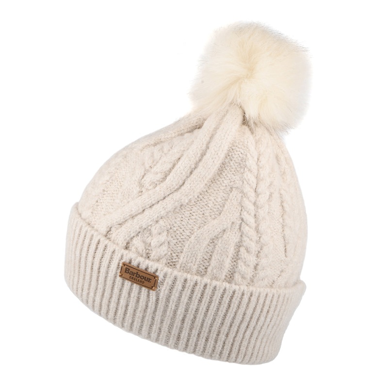 Barbour Hats Elsdon Cable Knit Faux Fur Pom Bobble Hat – Off White 1-Size