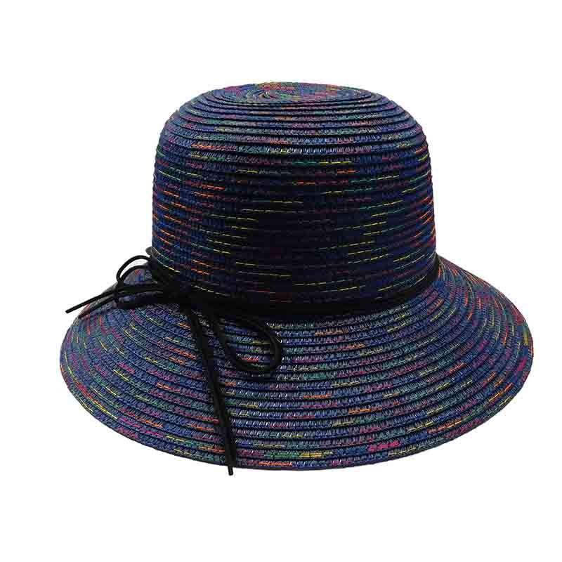 Large Brim Lampshade Style Hat with Rainbow Stitching Blue