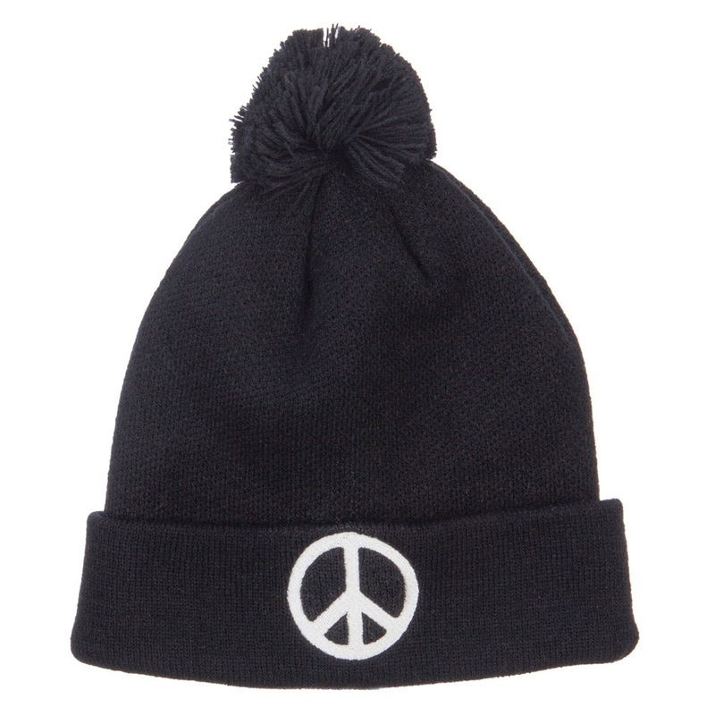 Peace Symbol Embroidered Pom Cuff Beanie Black One Size