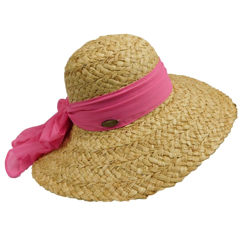Raffia Sun Hat with Georgette Scarf Hot Pink