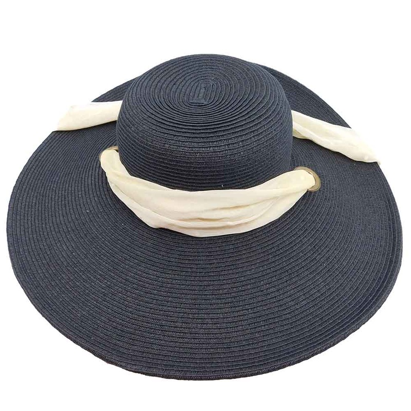 Wide Brim Sun Hat with Long Scarf Tie – Karen Keith Hats Black / Cream Polka Dot Scarf OS (22 1/2″)