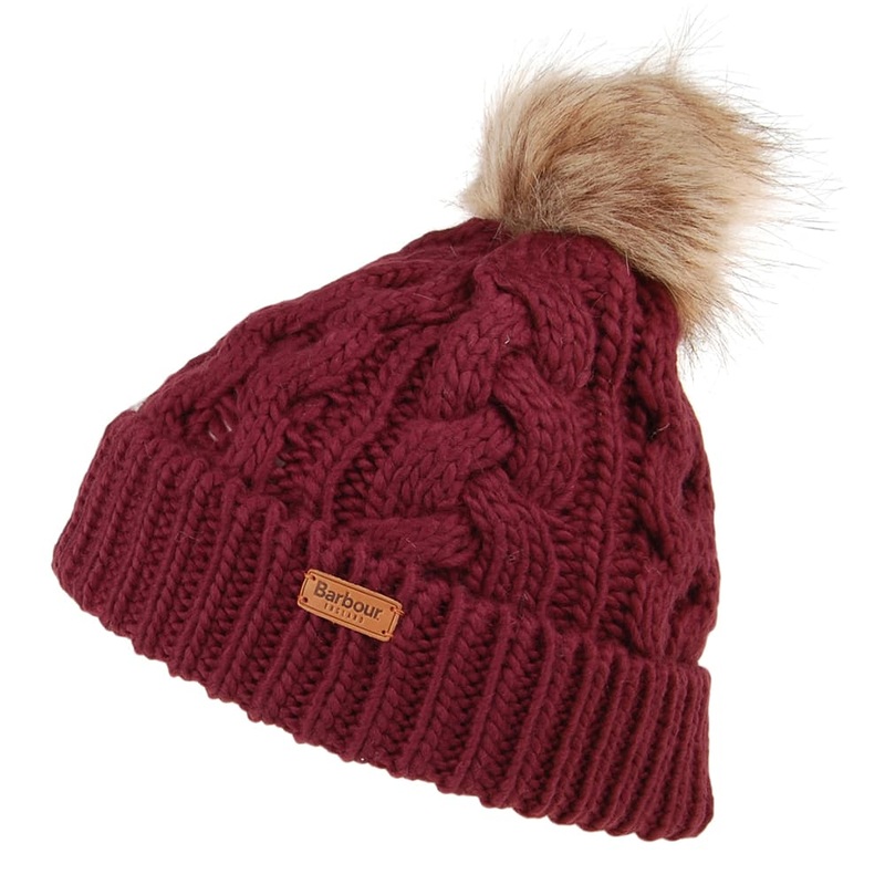 Barbour Hats Penshaw Cable Knit Faux Fur Pom Bobble Hat – Bordeaux 1-Size
