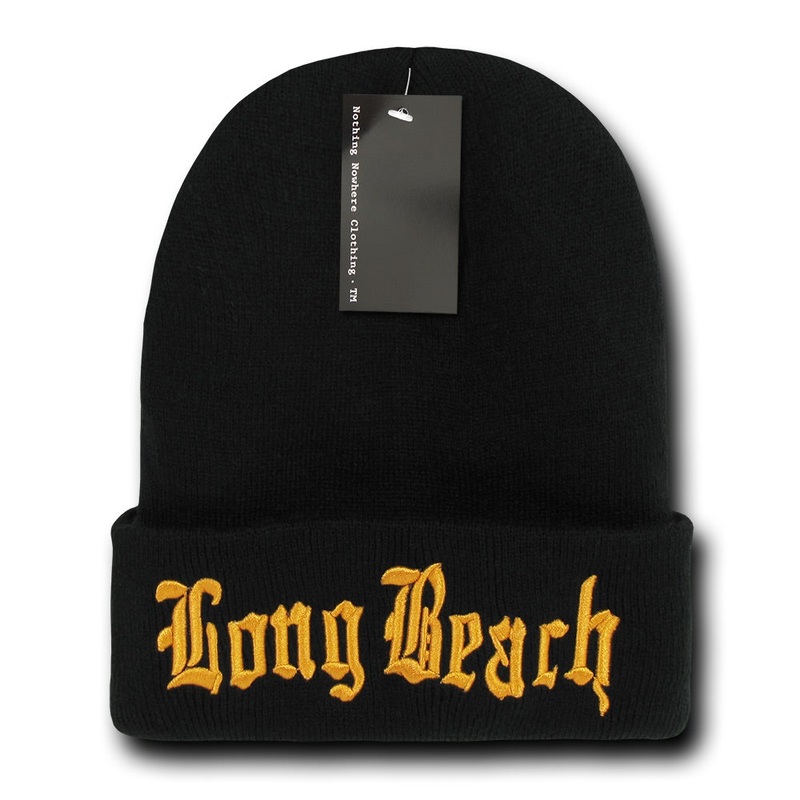 Long Beach City Beanie Knit Cap, Black/Orange Black/Orange