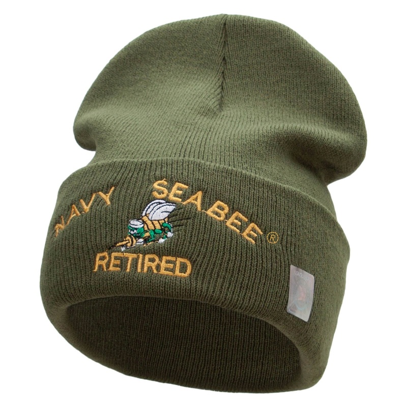 Navy Seabee Retired Logo Embroidered Long Beanie Made in USA Olive One Size