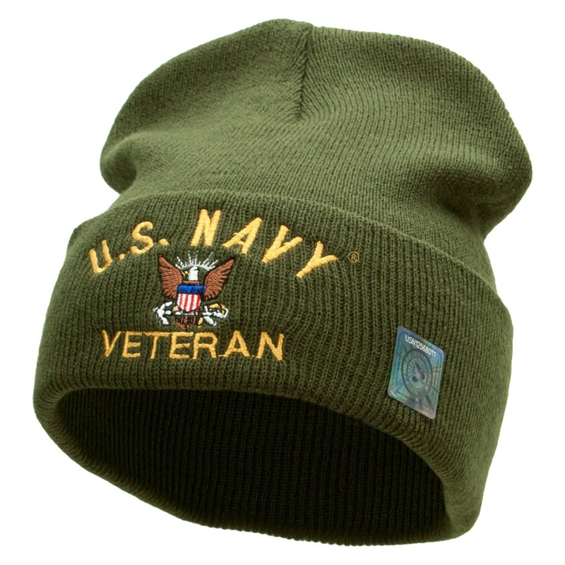 US Navy Veteran Logo Embroidered Long Beanie Made in USA Olive One Size
