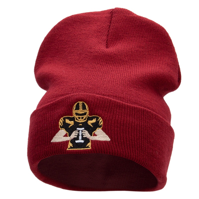 Football Player Embroidered 12 Inch Long Knitted Beanie Maroon One Size