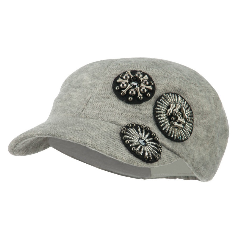 Knit Military Cap with Circle Motifs Grey One Size