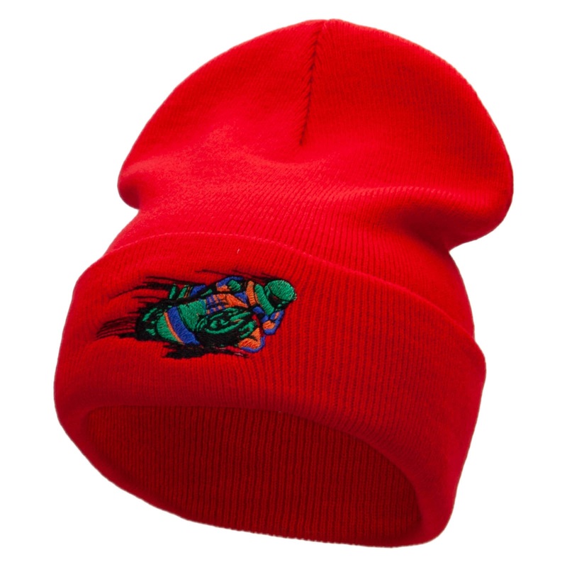Moto Racer Embroidered 12 Inch Long Knitted Beanie Red One Size
