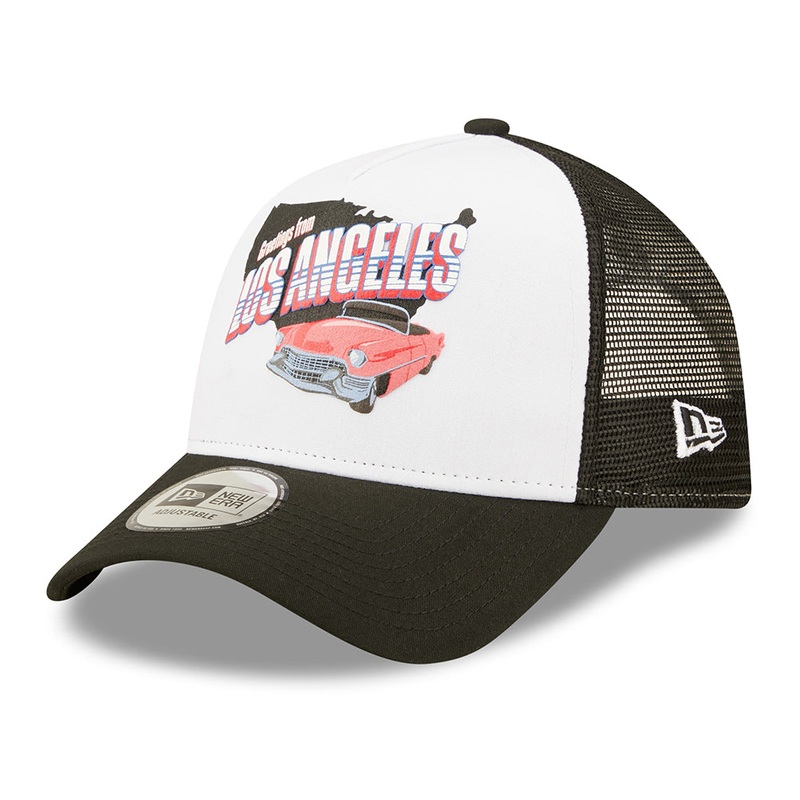 New Era 9FORTY Los Angeles Repreve Trucker Cap – US State Wordmark – Black-White Adjustable