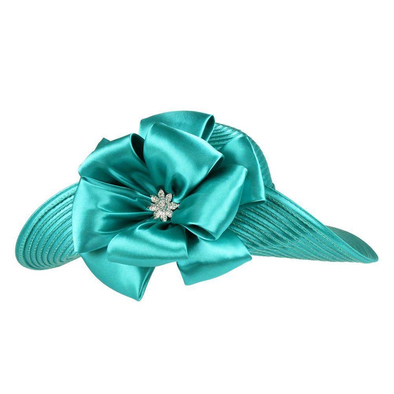 Turned Up Brim Satin Braid Dress Hat Blue Zirconia