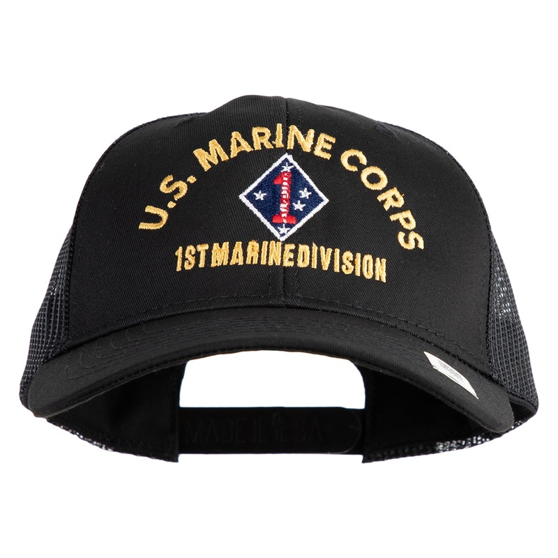 U.S. Marine Corps 1st Marine Division Embroidered 6 Panel Structured Cotton Twill Mesh Cap Made in USA Black One Size