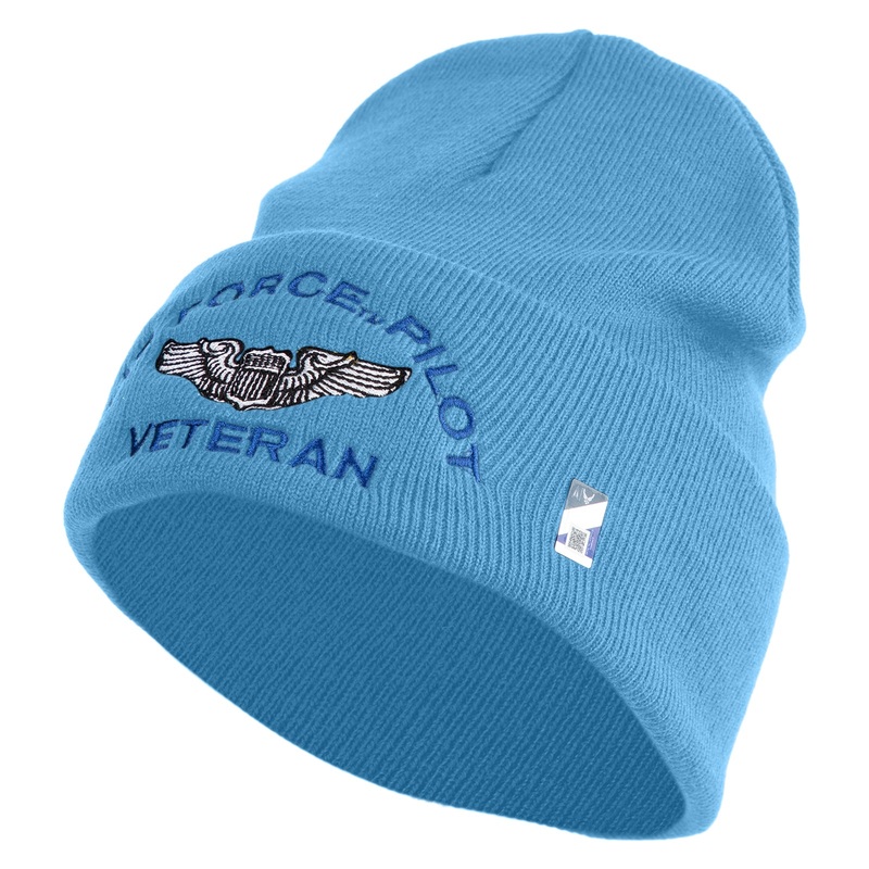 Air Force Pilot Veteran Logo Embroidered 12 Inch Solid Knit Cuff Long Beanie Made in USA Carolina Blue One Size