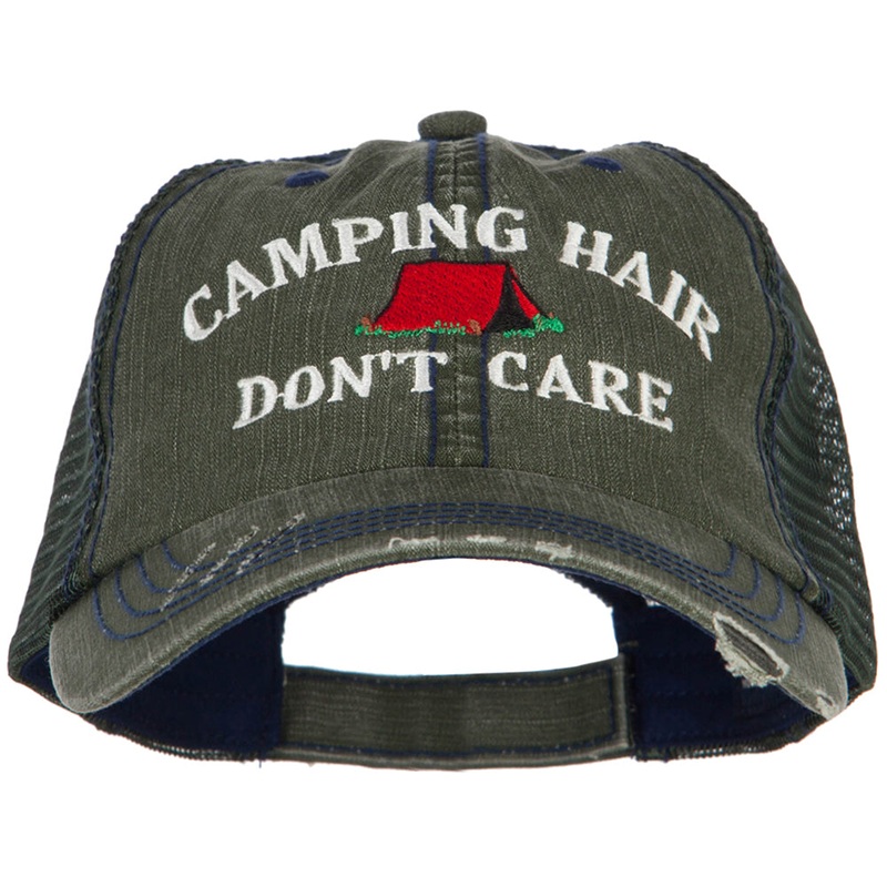 Camping Hair Don’t Care with Tent Embroidered Cotton Mesh Cap Green One Size