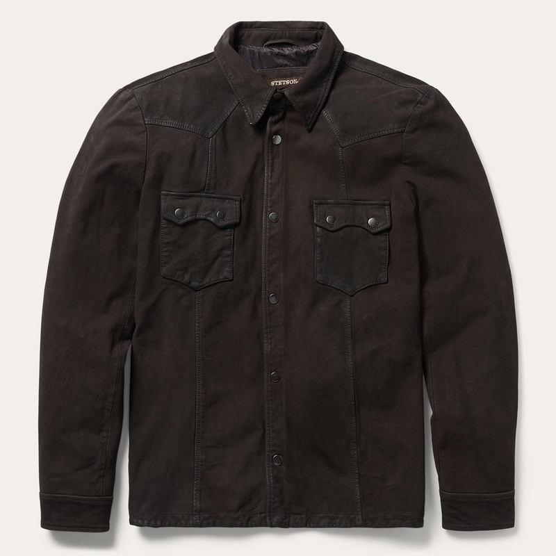 Leather Western Shirt Jacket Brown S