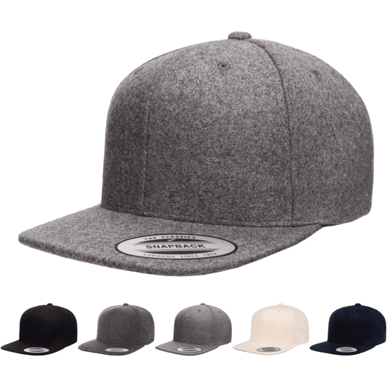 Yupoong 6689 Melton Wool Snapback Hat, Flat Bill Cap Black