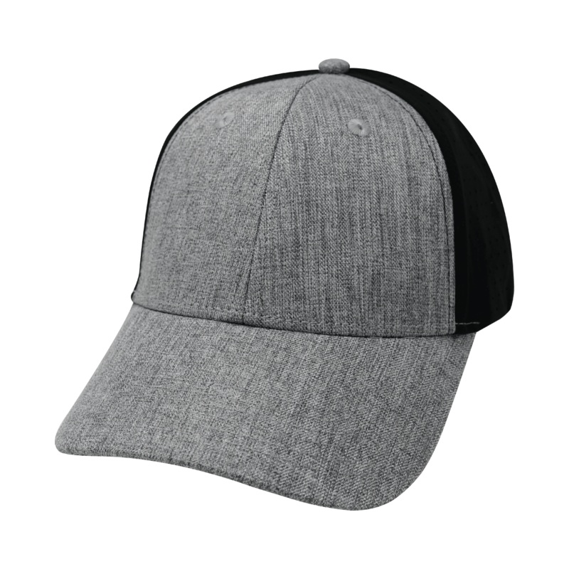 Blank – 6 Panel – Shallow Fit – Pony Tail – Heather Gray / Black (Unisex) – Laser Mesh