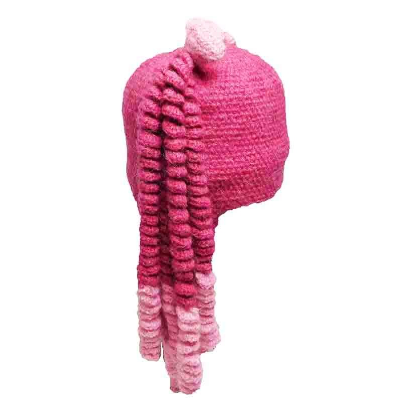 Peruvian Hand Knit Pigtail Beanie Hat Pink