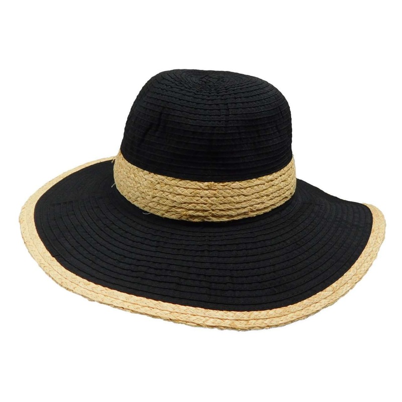 Ribbon Sun Hat with Raffia Trim – Boardwalk Style Black Medium (57 cm)