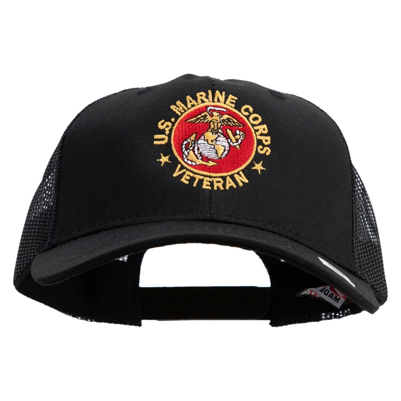 US Marine Corps Veteran Emblem Embroidered 6 Panel Structured Cotton Twill Mesh Cap Made in USA Black One Size