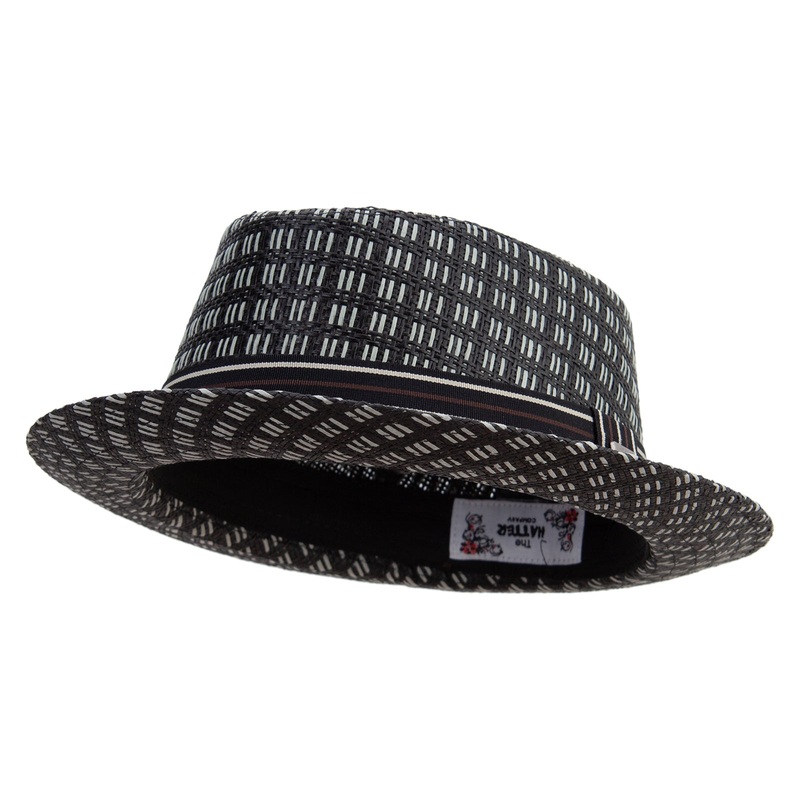 Woven Paper Straw Wide Brim Porkpie Upbrim Fedora Black S-M