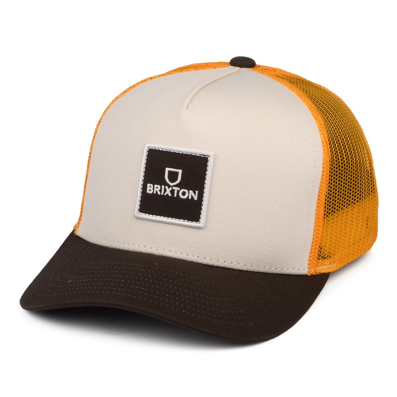 Brixton Hats Alpha Block NetPlus C MP Trucker Cap – Off White-Orange-Brown Adjustable