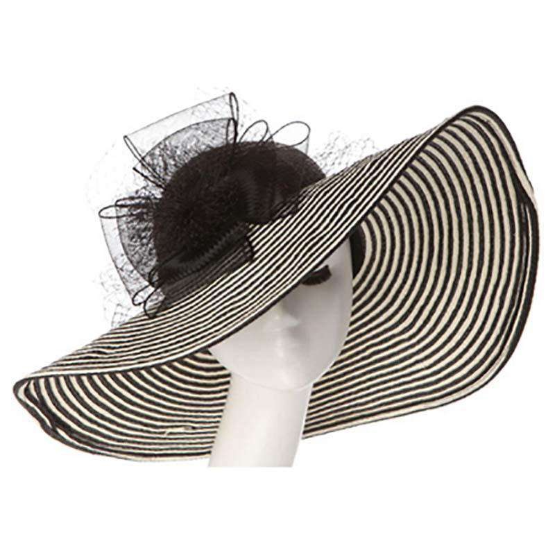 Large Brim Floppy Hat with Lace Bow Black and Ivory