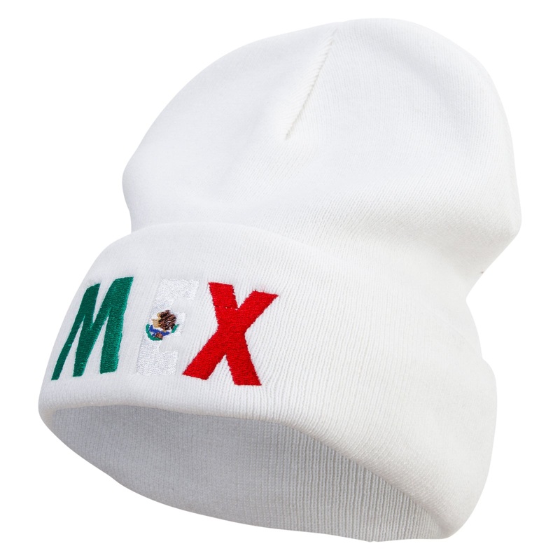 Mexico Embroidered Big Size Superior Cotton Long Knitting Beanie White XL-3XL