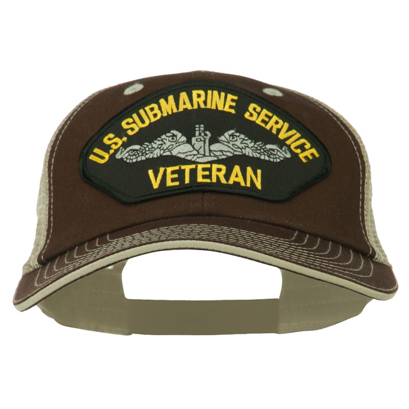 US Submarine Service Veteran Patched Big Size Washed Mesh Cap Brown Beige XL-3XL