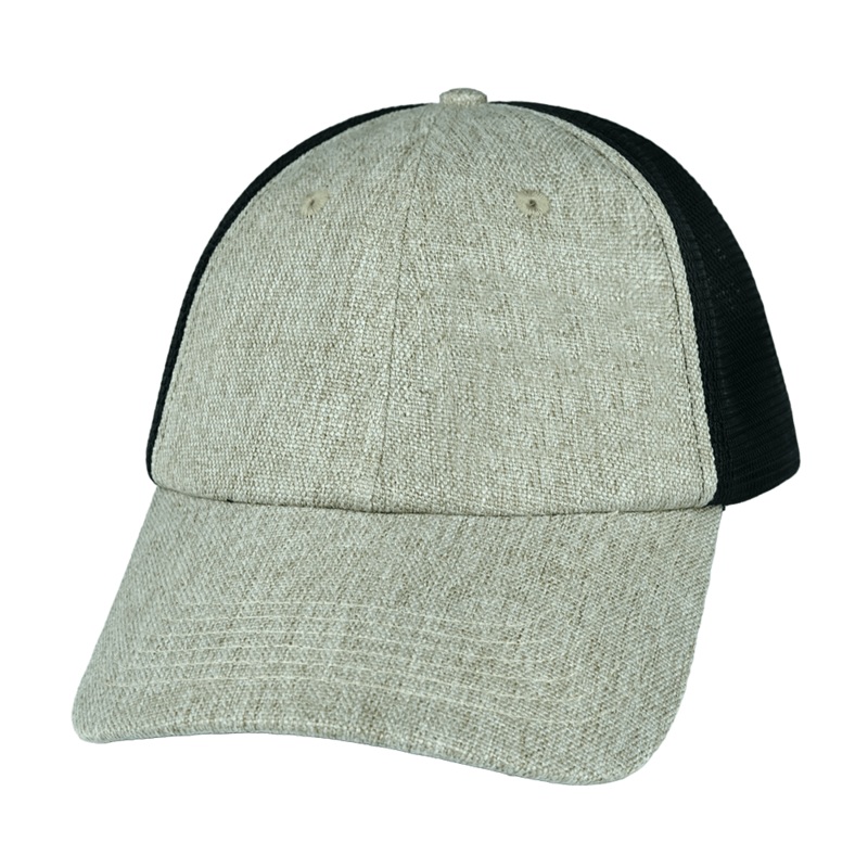 Blank – 6 Panel – Unstructured – Gray Tan Hemp / Black (Unisex) – Soft Trucker Mesh