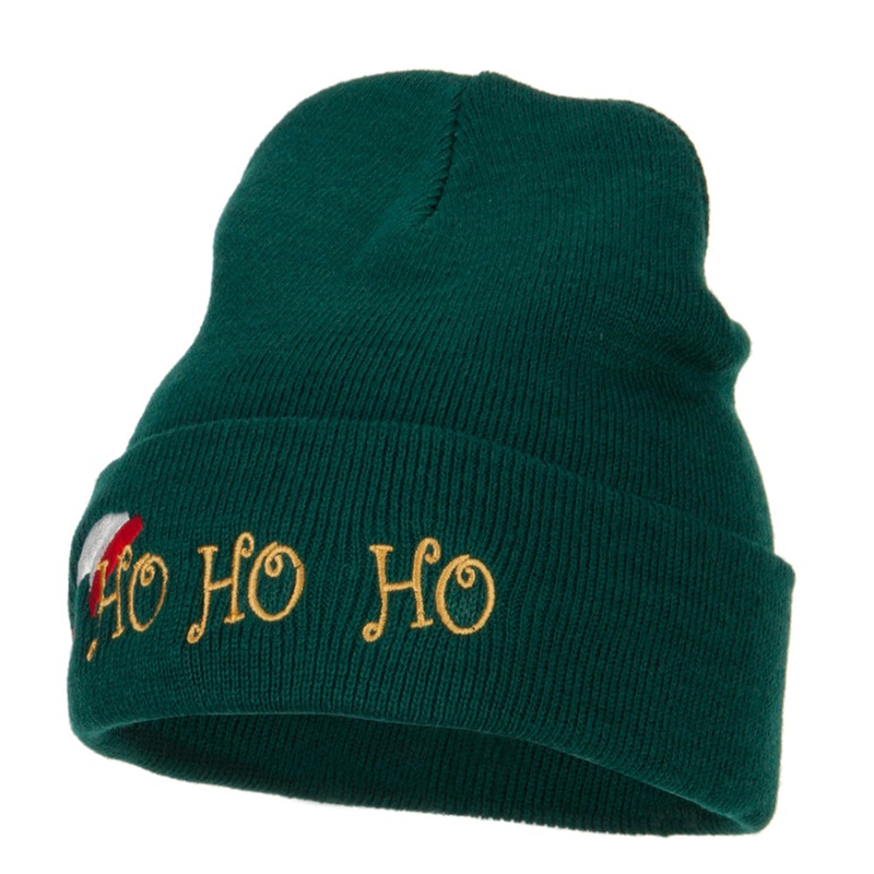 Christmas Ho Ho Ho with Hat Embroidered Long Beanie Dk Green One Size