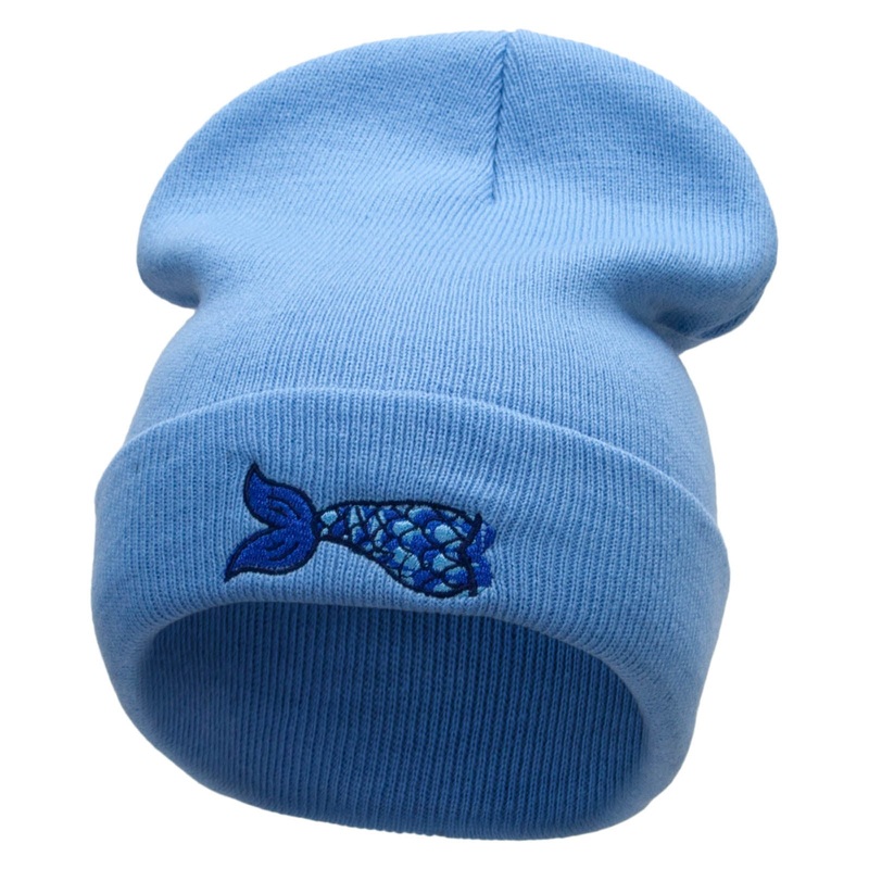 Mermaid Tail Embroidered 12 Inch Long Knitted Beanie Sky Blue One Size