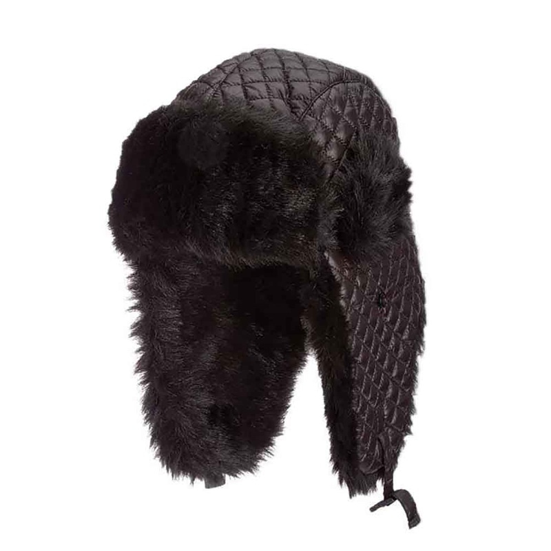 Quilted Trooper Hat with Faux Fur Lined Earflap – Scala Hats Black Medium