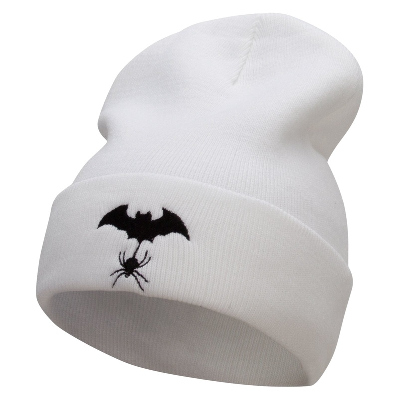 Spider Bat Embroidered 12 Inch Long Knitted Beanie White One Size