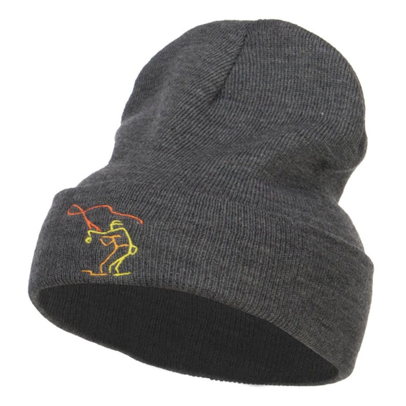 Fly Fishing Man Embroidered Long Beanie Dk Grey One Size