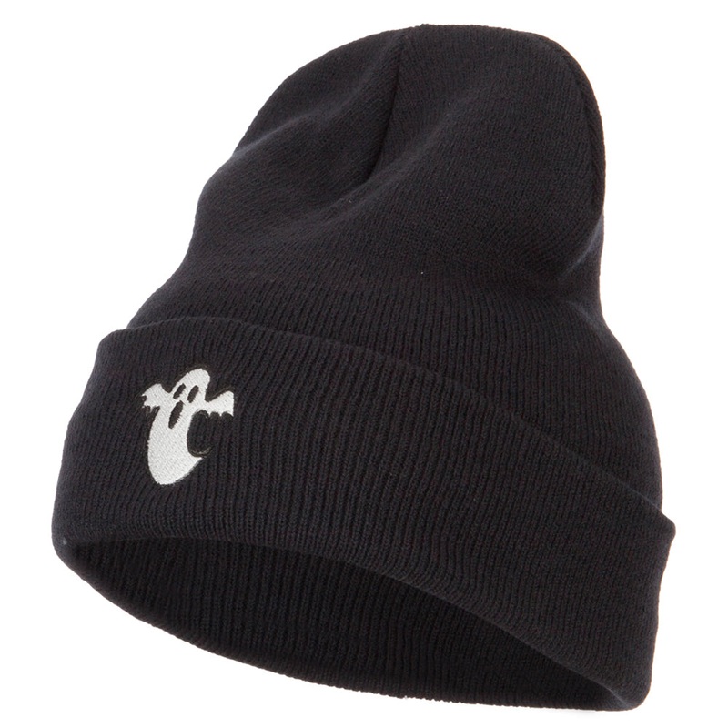 Halloween Ghost Embroidered Long Beanie Black One Size
