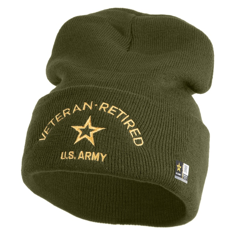 Star US Army Veteran Retired Logo Embroidered 12 Inch Solid Knit Cuff Long Beanie Made in USA Olive One Size