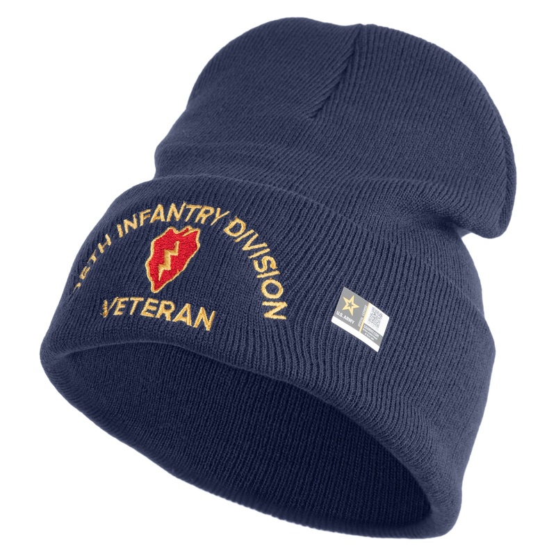 U.S. Army 25th Infantry Division Logo Embroidered 12 Inch Solid Knit Cuff Long Beanie Made in USA Navy One Size