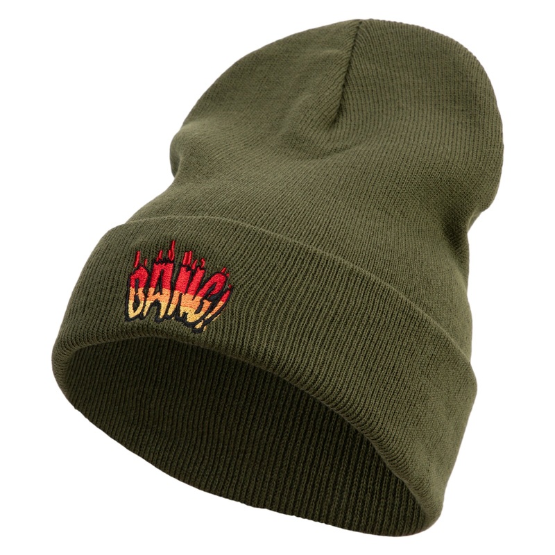 Bang Embroidered 12 Inch Long Knitted Beanie Olive One Size