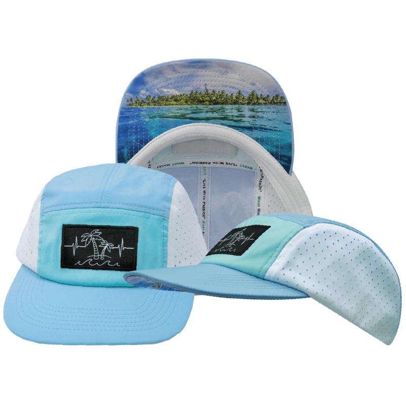 Beach Hat – 5 Panel – Baby Blue / Mint / White – Laser Mesh