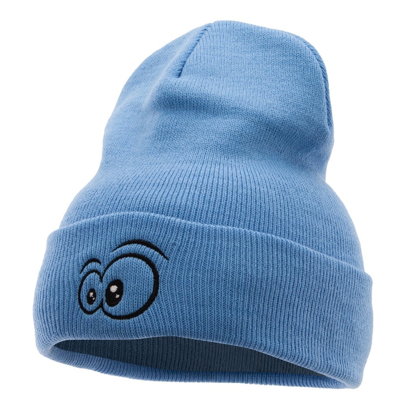 Big Eyes Embroidered 12 Inch Long Knitted Beanie Sky Blue One Size
