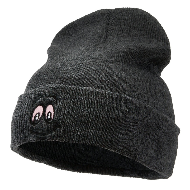 High Smile Eyes Embroidered 12 Inch Long Kintted Beanie Heather Charcoal One Size