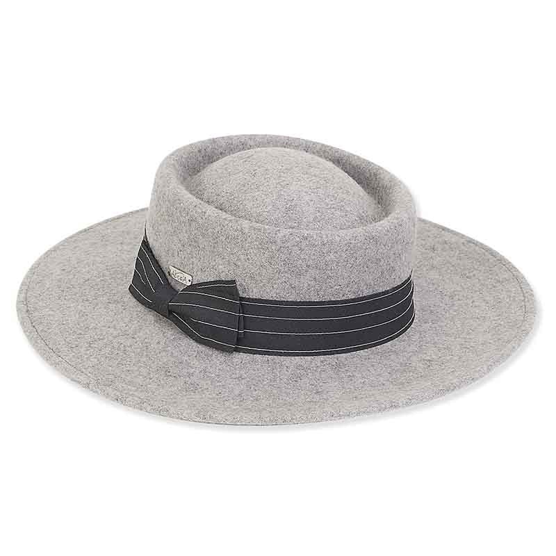 Adora Wool Hat – Wool Felt Bolero Hat with Wide Ribbon Side Bow Light Grey Medium (57 cm)