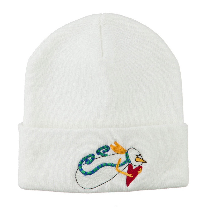 Flying Snowman Heart Embroidered Beanie White One Size