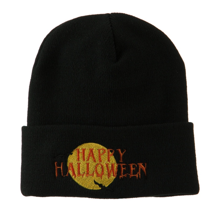 Happy Halloween Moon and Bats Embroidered Long Beanie Black One Size
