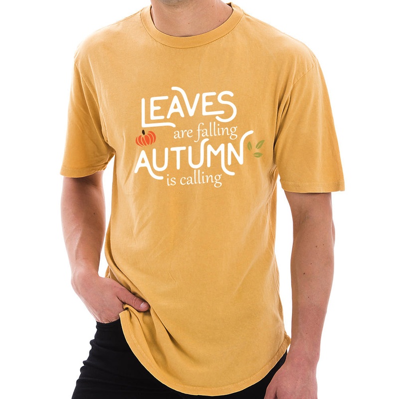 Leaves Are Falling Autumn Is Calling Graphic Design Unisex Ring Spun Cotton Jersey Short Sleeve Vintage Scoop Bottom T-shirt Vintage Mustard XS